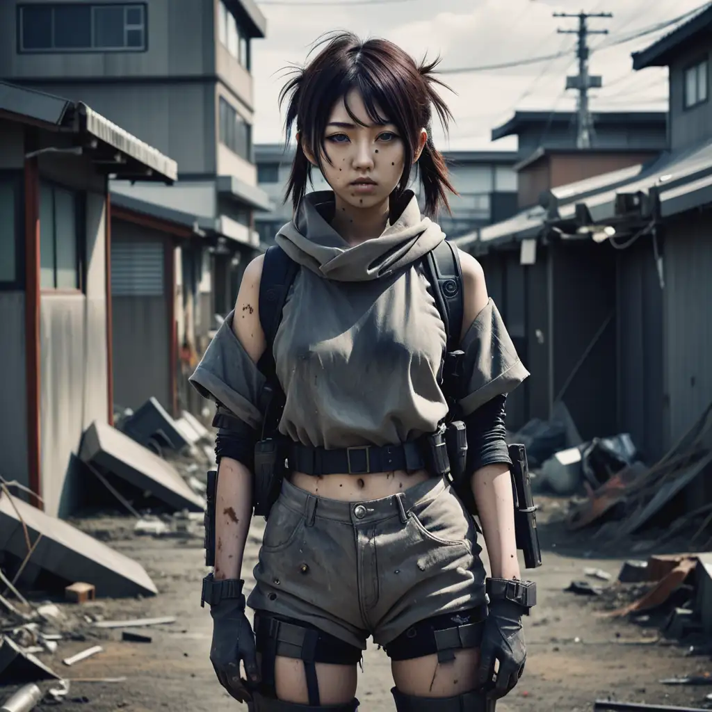 20 year old Japanese woman, beautiful face, dystopian post-apocalypse, outside, full body portrait