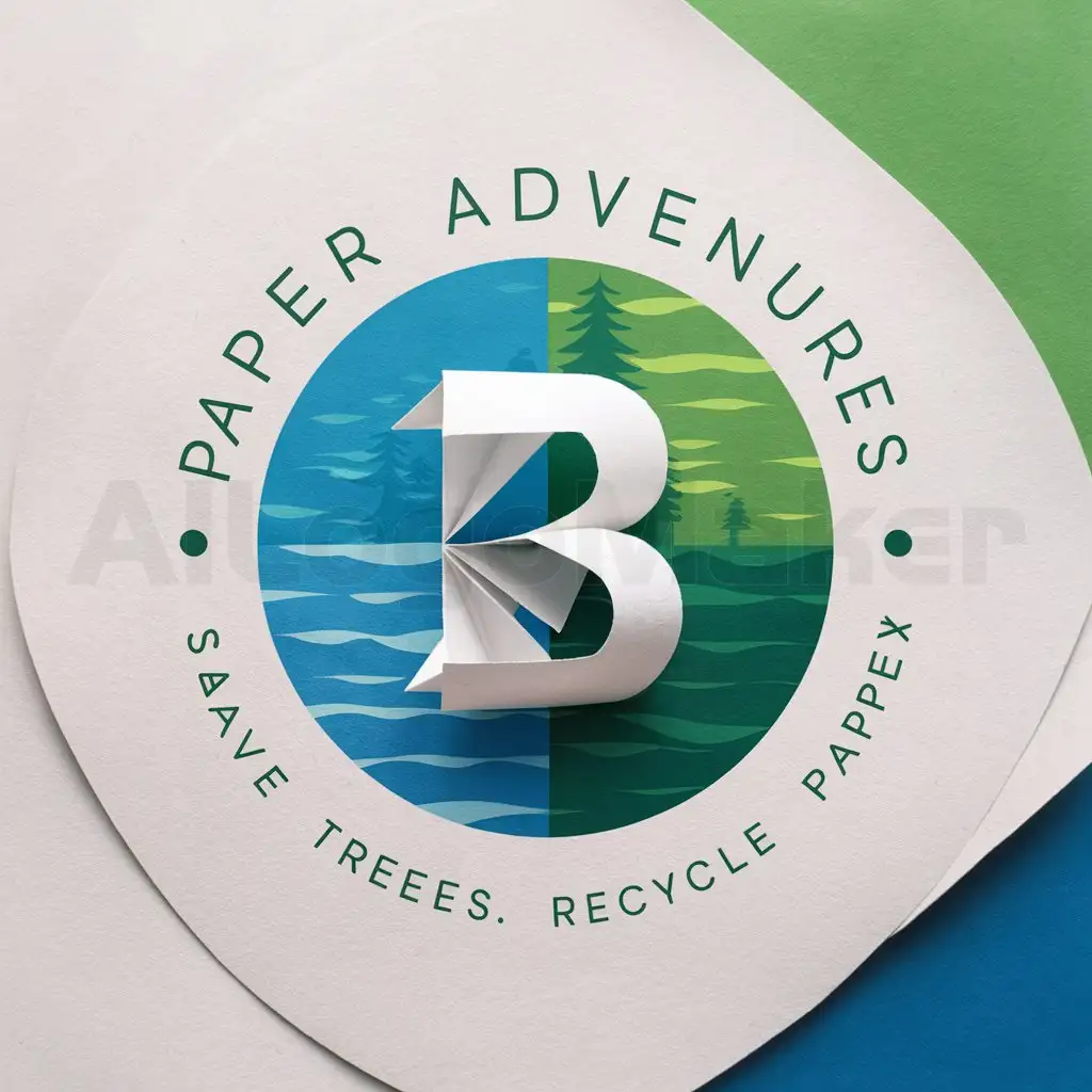 a logo design,with the text "Paper adventures", main symbol: Logo consists of a circle divided into two parts. The left part of the circle is blue, symbolizing water needed for paper production. The right part is green, representing trees used to make paper. Inside the circle, there's a piece of paper folded into a shape of an arrow, indicating the process of recycling. The arrow also forms the letter "B", the first letter of the word "paper". Outside the circle, the inscription "Paper Adventures" is located. Underneath, there's a project slogan: "Save trees. Recycle paper." The logo font is clear and easy to read, without serifs. It reflects the modern and eco-friendly character of the project. The blue and green colors of the logo create a harmonious and calming effect, associated with nature and ecology. The logo combines elements related to paper production, recycling, and conservation. It conveys a message about the importance of responsible use of paper resources and participation in eco-friendly initiatives.,Moderate,be used in Ecology industry,clear background