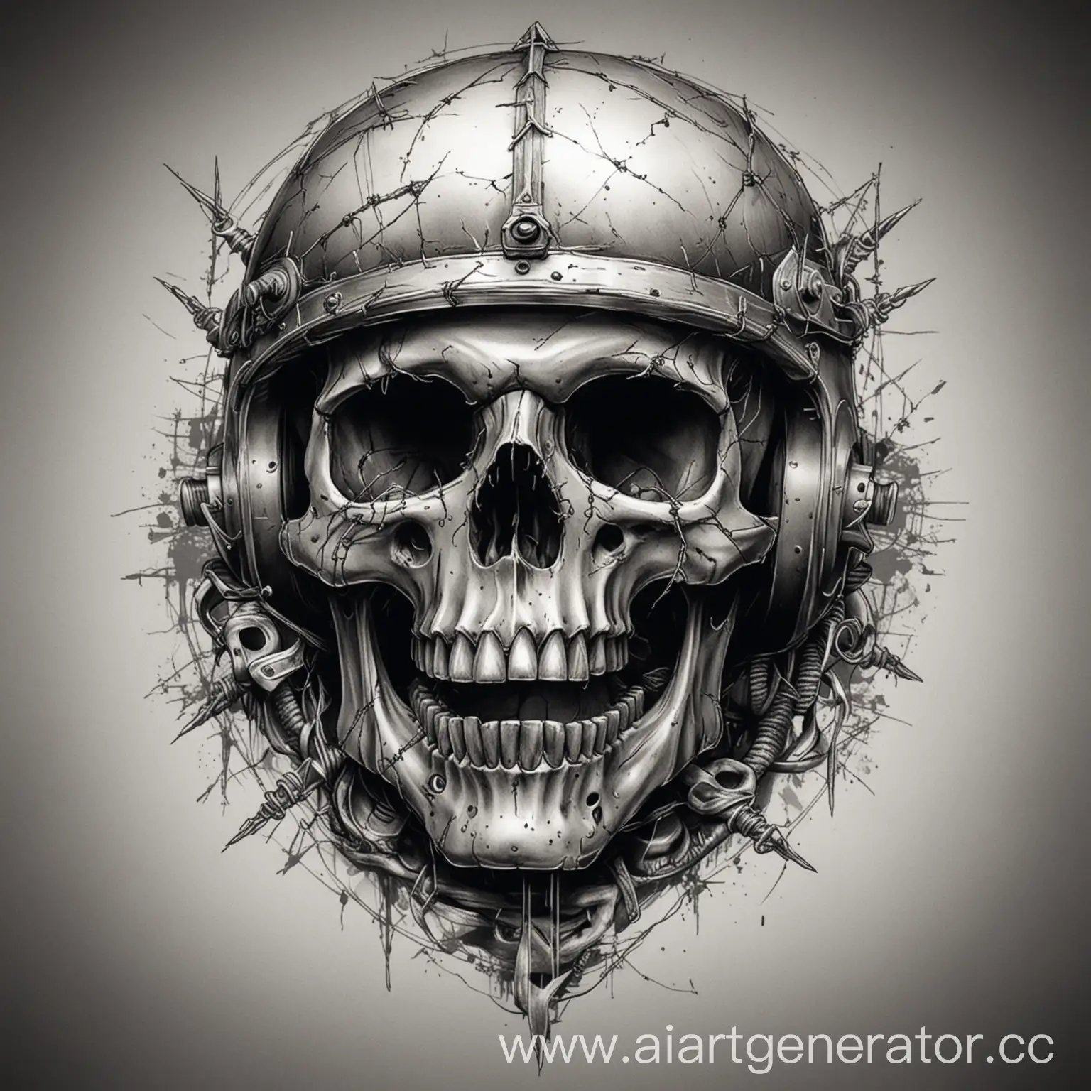 эскиз татуировки  череп в танковом шлемофоне в колючей проволоки