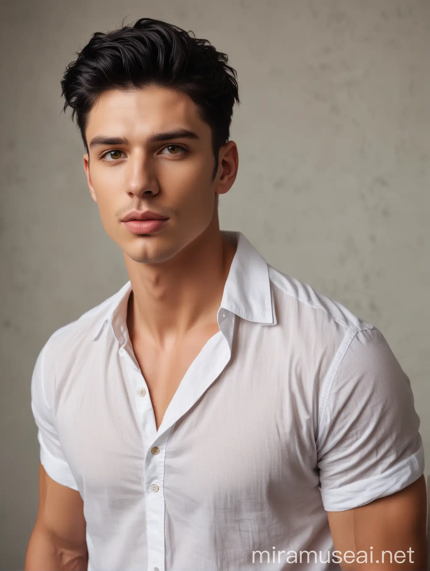 Hombre de cabello negro y piel blanca, nariz recta y larga, labios grandes. Hermoso y guapo. Fuerte y musculoso De camisa blanca y jeans oscuros, con una mujer blanca de cabello marrón claro y piel blanca y vestido amarillo