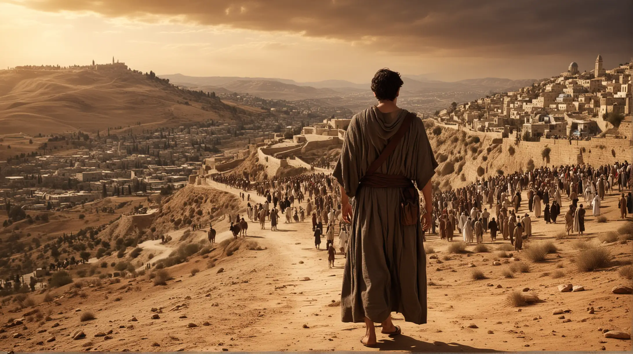 I need a iconic thumbnail image that represents Ezra from the Bible, Where he is standing on a desert hilly area leading people to Jerusalem.