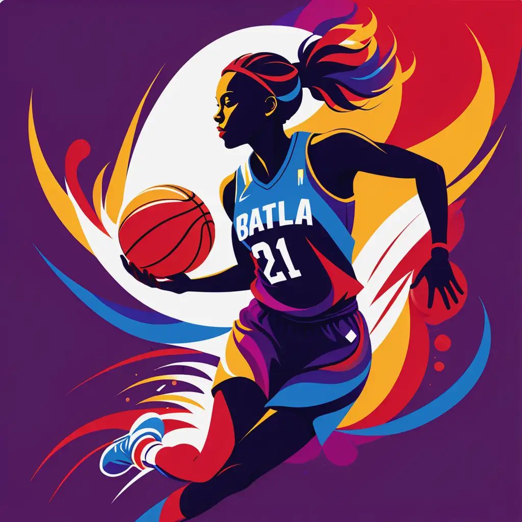 Abstract Insignia with Fiery Red Electric Blue and Vibrant Yellow Hues Featuring a Female Basketball Player Silhouette on White Background