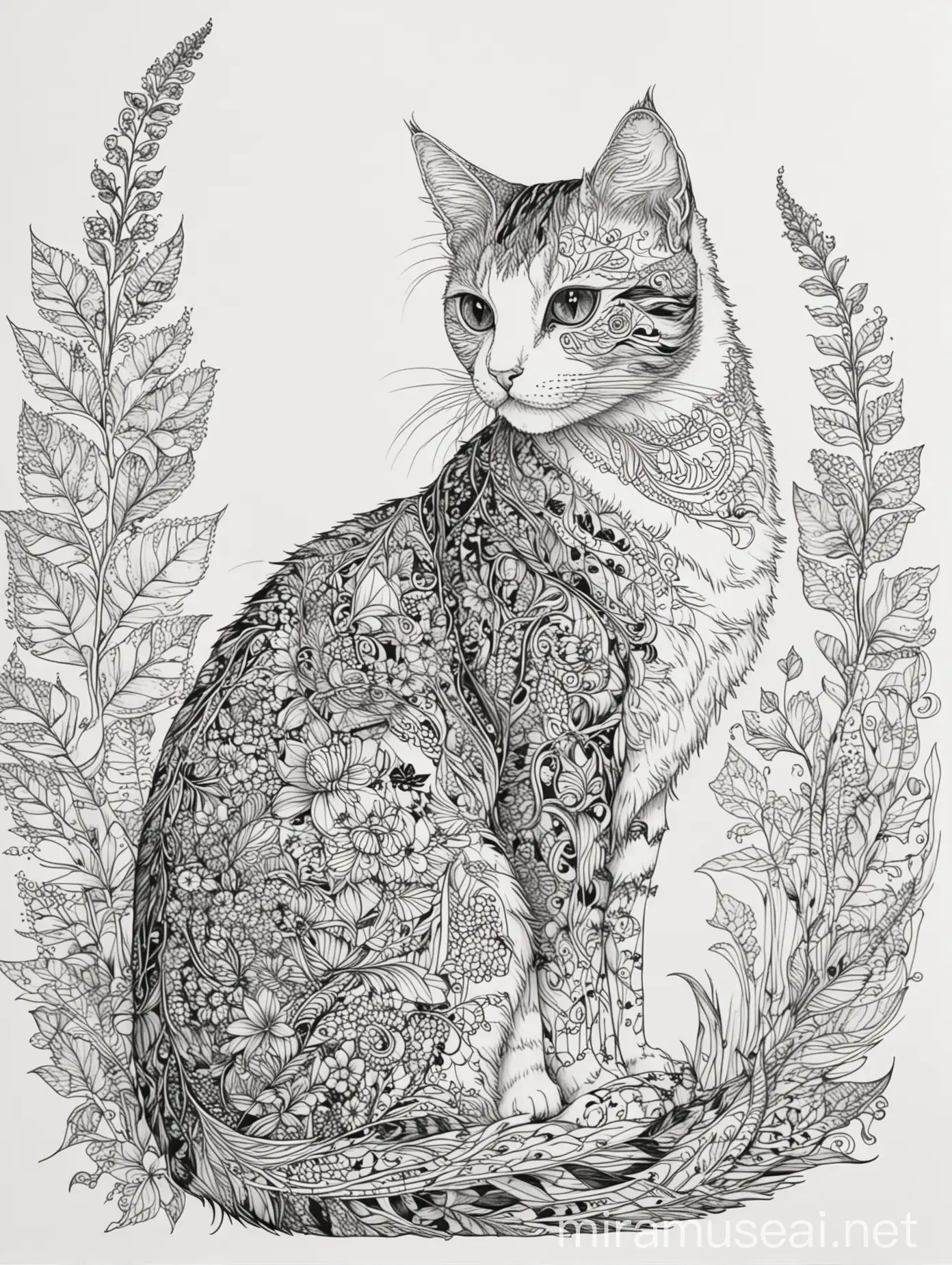 Zen Cat Adult Coloring Page Side Pose with Floral Zentangle Art