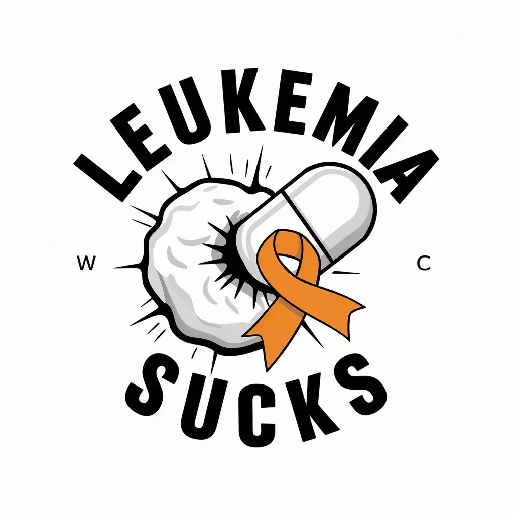 a logo design,with the text "Leukemia Sucks", main symbol:White blood cell being punched by a white pill with a orange cancer ribbon,complex,clear background