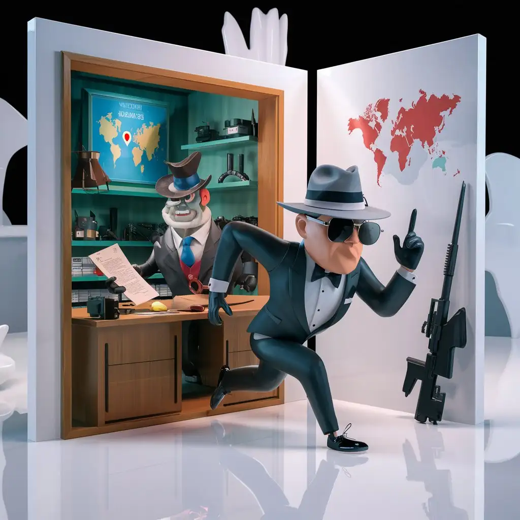 Секретный агент крадет секретный файл из офиса злодея, на белом фоне, фотография мультяшная