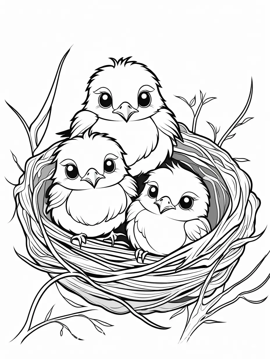 cute baby birds in nest, cartoon, pre school, Coloring Page, black and white, line art, white background, Simplicity, Ample White Space. The background of the coloring page is plain white to make it easy for young children to color within the lines. The outlines of all the subjects are easy to distinguish, making it simple for kids to color without too much difficulty