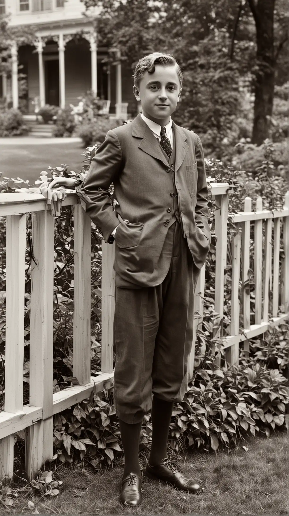 Childhood and Early Life: A young Franklin Roosevelt, around age 10, at his family’s estate in Hyde Park, New York. He is playing by the Hudson River, surrounded by lush greenery and Victorian-style architecture, showcasing his privileged upbringing.