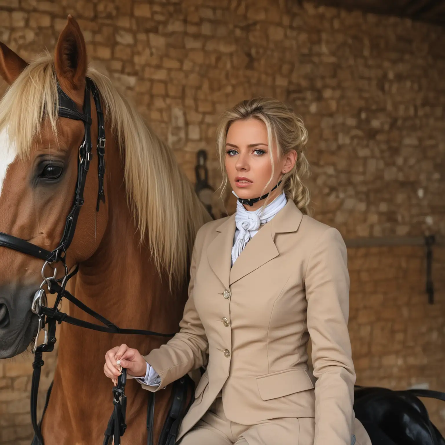 scared blonde woman in dressage riding attire with noose around her neck, sitting on a horse in stable