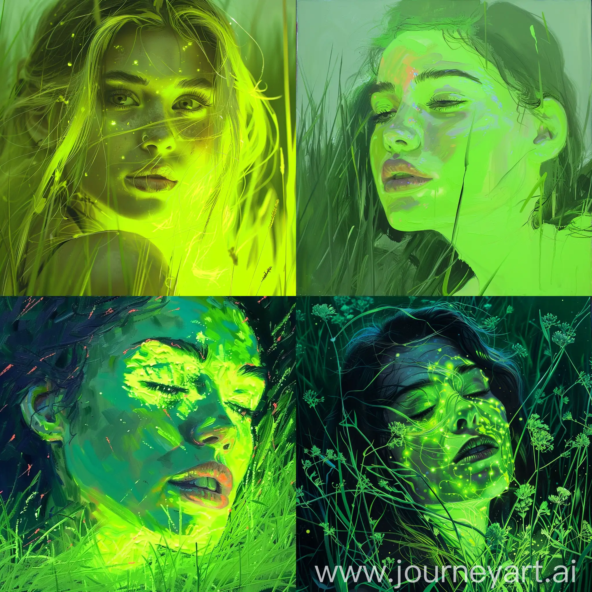 Glowing-Neon-Green-Lady-Melting-into-Pastel-Green-Grass