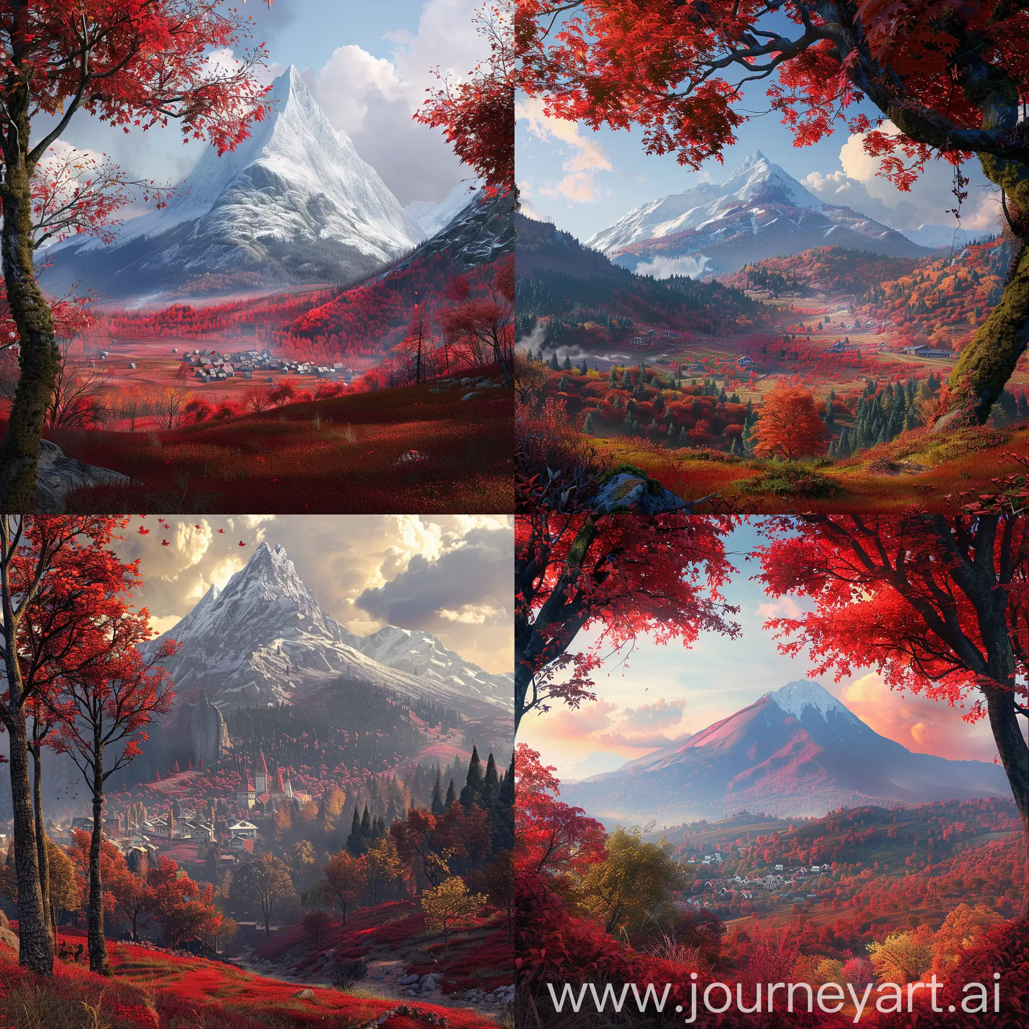 Stunning-Mountain-Landscape-with-Red-Forest-and-Village-HighQuality-Photorealistic-Scene