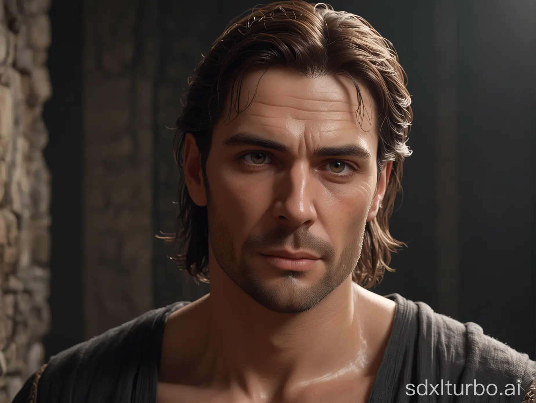A medieval stunningly handsome  man  of 40 years old, tall, broad-shouldered, with clear facial features with slight stubble and an old scar from bow the right eyebrow to the cheek, with long light brown hair, in a black medieval camisole, straight eyebrows, beautiful severe gray eyes, well-defined cheekbones, medium-sized lips, straight nose, firm chin, broad jaw, perfect composition, beautiful detailed intricate insanely detailed octane render trending on artstation, muted colors, 8 k, photorealistic, ultra realistic, soft natural volumetric cinematic perfect light, chiaroscuro,  masterpiece, greg rutkowski
