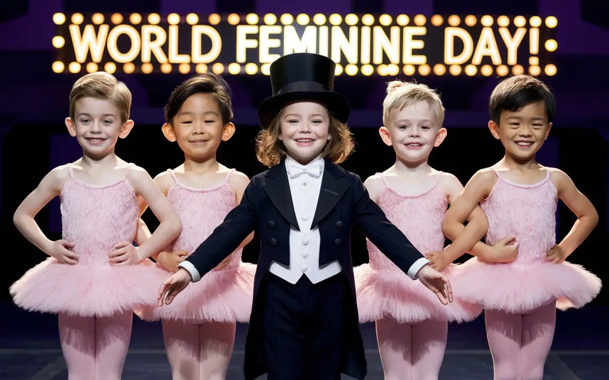 ((Gender role-reversal)), colourful Photograph of 4 cute little 10-year-old schoolboys bravely standing on stage in fluffy pink ballerina dresses and tights smiling nervously, in the middle is a 9-year-old girl in a tuxedo and a top hat and black trousers instructing the boys, toothy smiles, above the stage is a sign in lights which reads “World Feminine Day!”, adorable, perfect faces, perfect faces, clear faces, perfect eyes, perfect noses, smooth skin