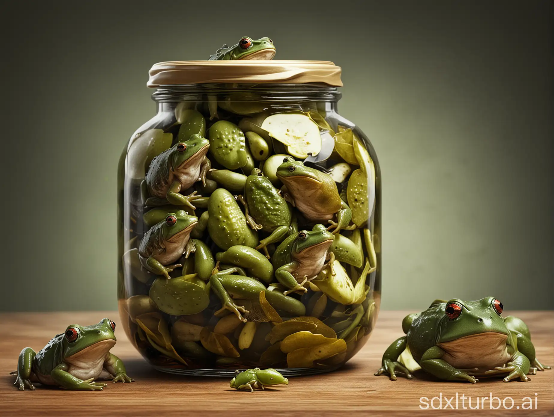 A jar of pickled  and bullfrogs. A VERY  Photo realistic high resolution HD rendering.