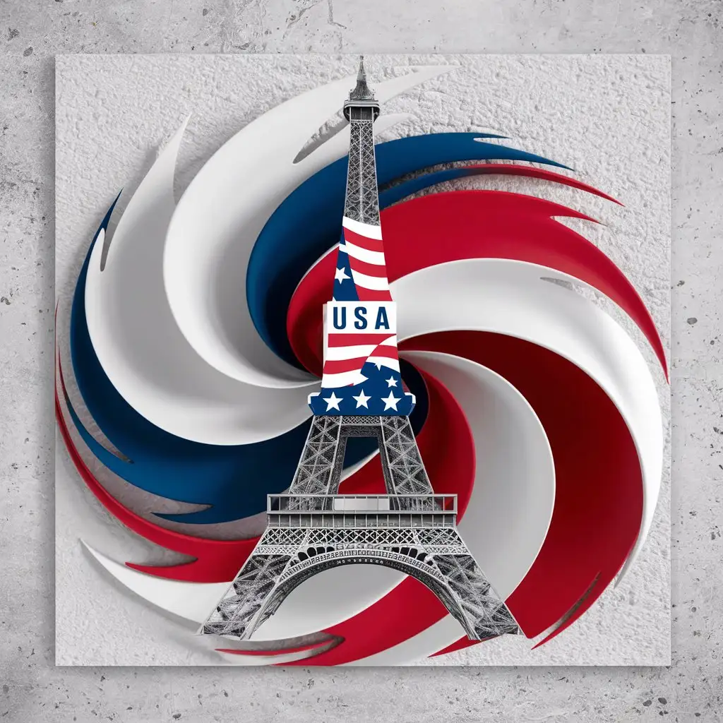 Abstract Red White and Blue Swirls around Eiffel Tower with USA Stars and Stripes on White Background