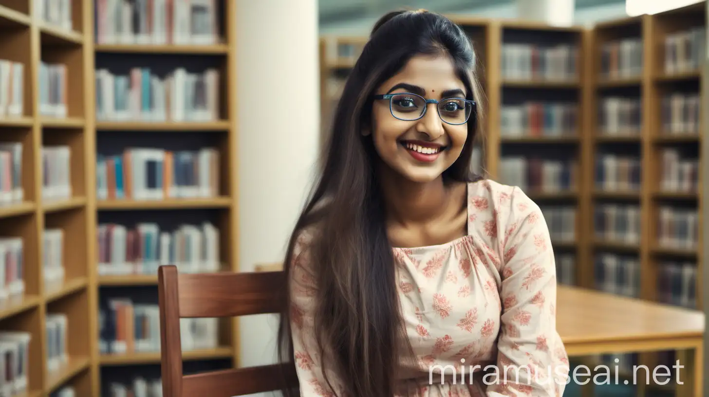 in a library a  beautiful indian woman age 27 with make up and spectacles and wearing a frock with long hair sitting on a chair , she is happy and smiling 