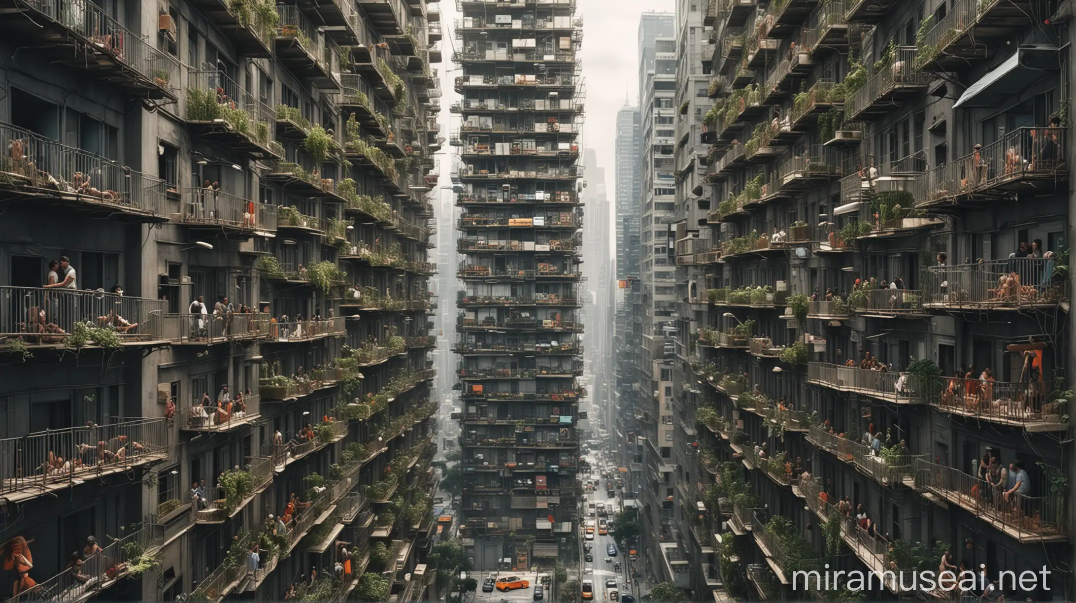in foreground, Create a series of super skyscrapers with balconies full of people interacting with each other.
Some people are visible behind bars or grates (like in jail), emphasizing overcrowding. 
As landscape,In the background, insert a city full of skyscrapers and chaotic traffic. sensation of a urban jungle. realistic.