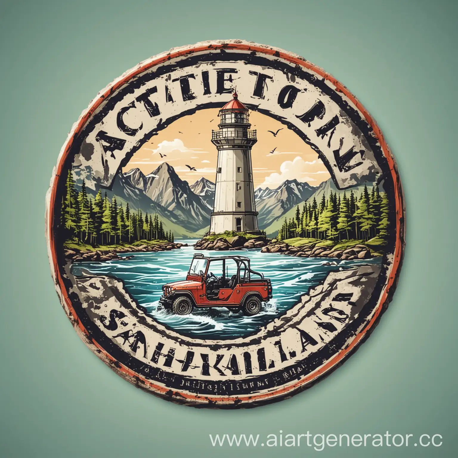 логотип для активного тура на остров сахалин с маяком, лагуной и джипом