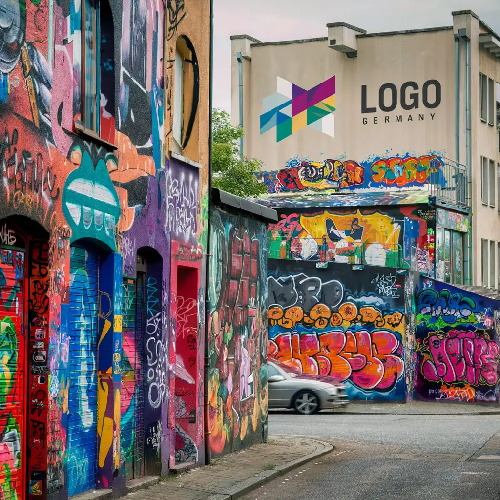 A realistic beautiful photo of Berlin, Germany, a bustling street with colorful graffiti on the wall. In the background you can see a variety of works of street art, full of life and creativity, a blank wall that is ideal for adding a logo is integrated into one of the graffiti, perfectly matching the artistic atmosphere of the city.