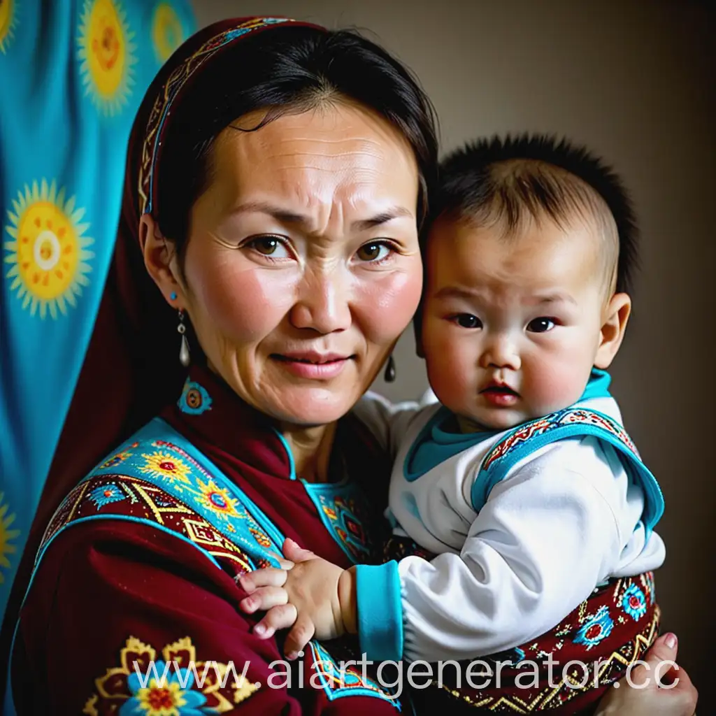 Kazakh-Mother-with-Traditional-Attire-and-Child-in-Rural-Setting