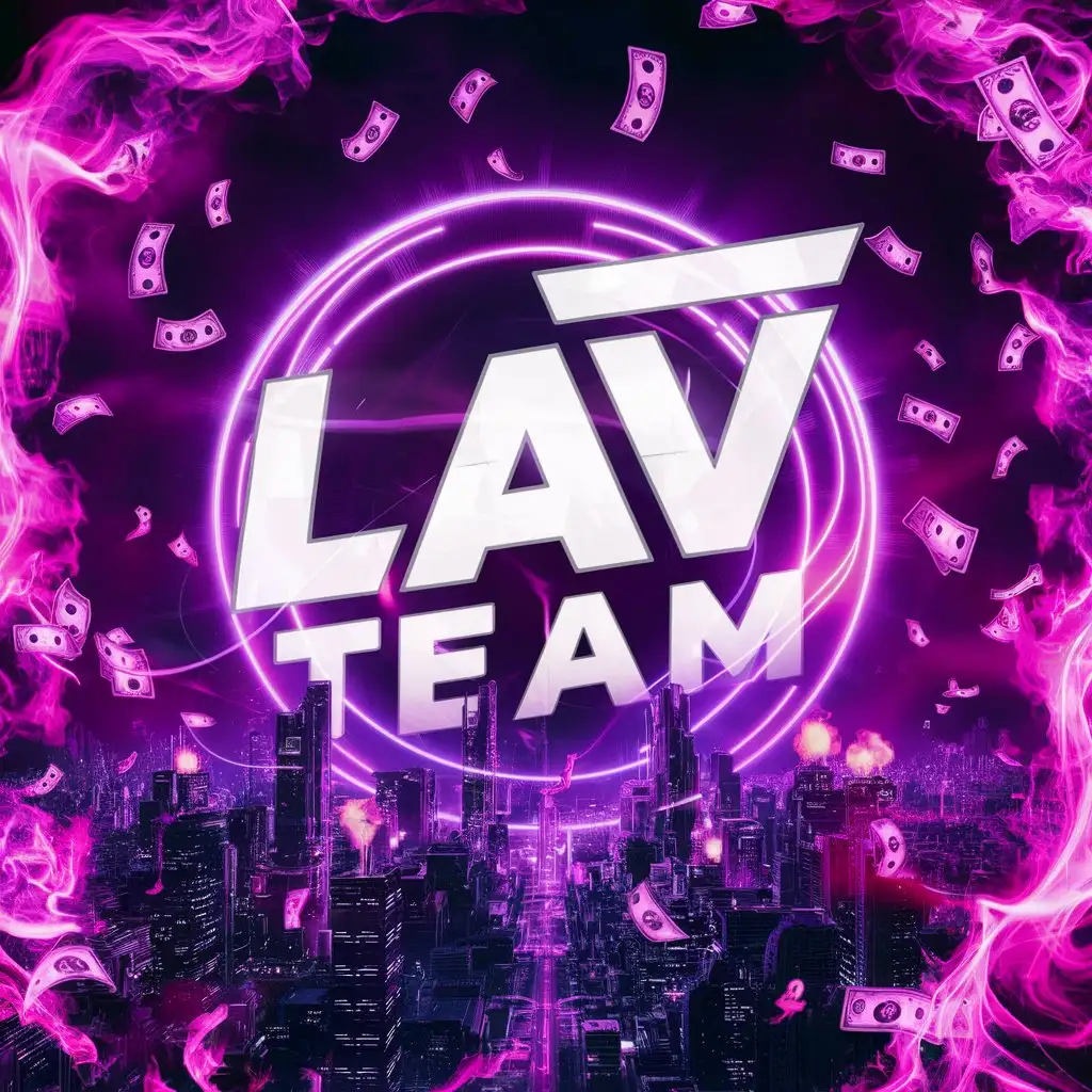 Vibrant-Neon-Cityscape-at-Night-with-LAV-TEAM-Illuminated-in-Purple-Fire-and-Money-Background