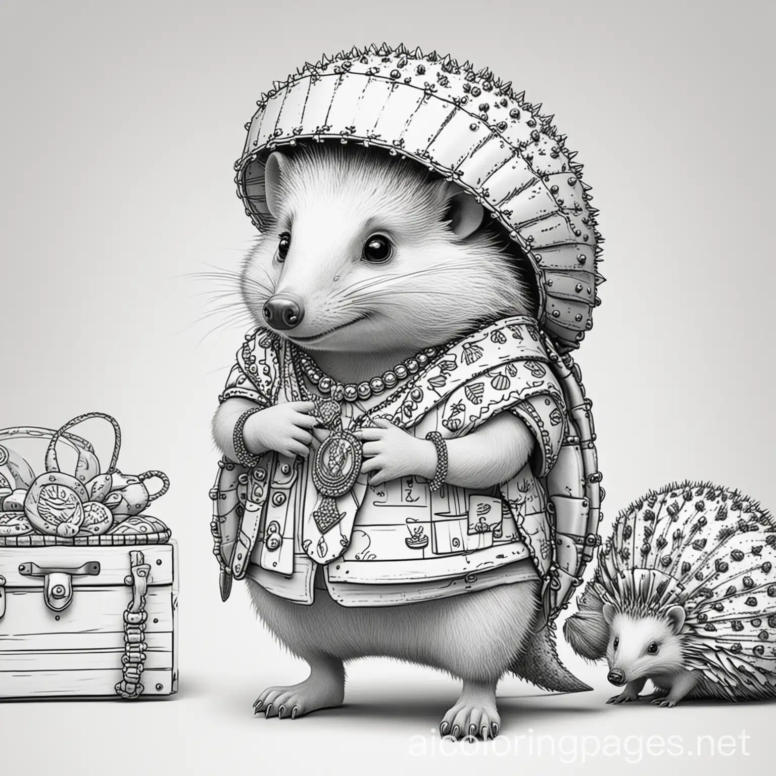 Armadillos cartoon style in clothes  have a jewlry shop selling to a hedgehog , Coloring Page, black and white, line art, white background, Simplicity, Ample White Space. The background of the coloring page is plain white to make it easy for young children to color within the lines. The outlines of all the subjects are easy to distinguish, making it simple for kids to color without too much difficulty