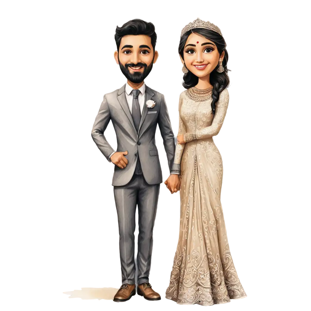 Exquisite-Mehandi-Caricature-Bride-and-Groom-Standing-Captivating-PNG-Illustration