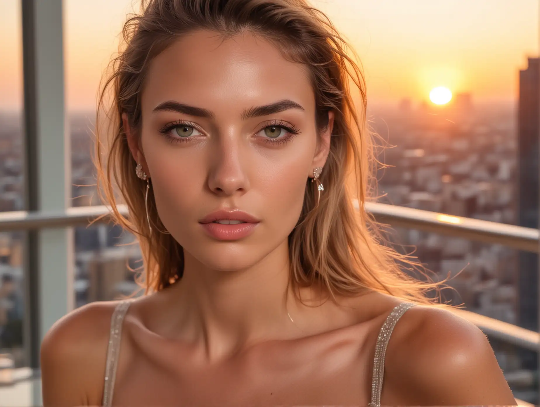 Close up face of a skinny sweet italian top fashion model at a party in a luxury highrise penthouse at sunset