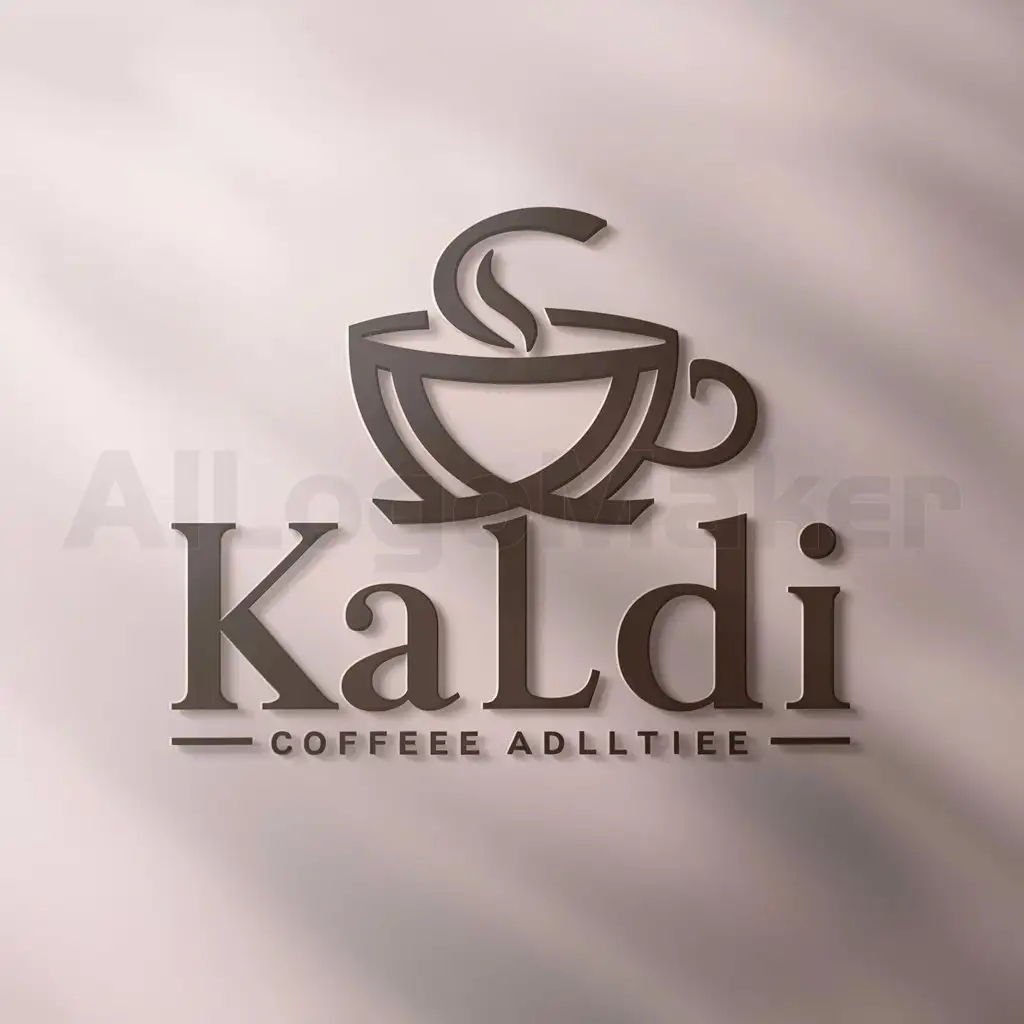 a logo design,with the text "Kaldi", main symbol:The coffee cup should be combined with the name Kaldi,Moderate,clear background