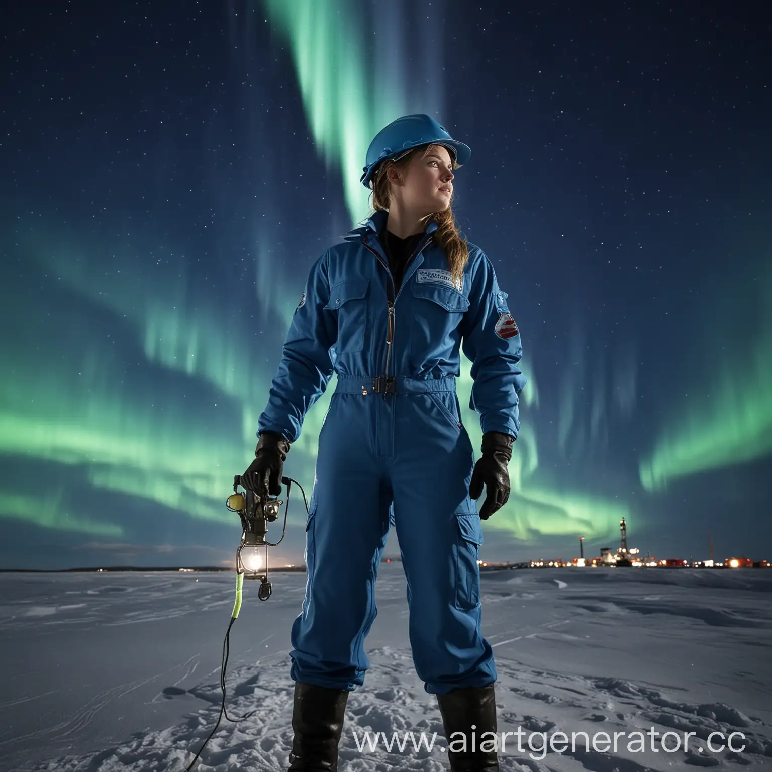 Girl-Oilworker-in-Blue-Suit-Amidst-Northern-Lights