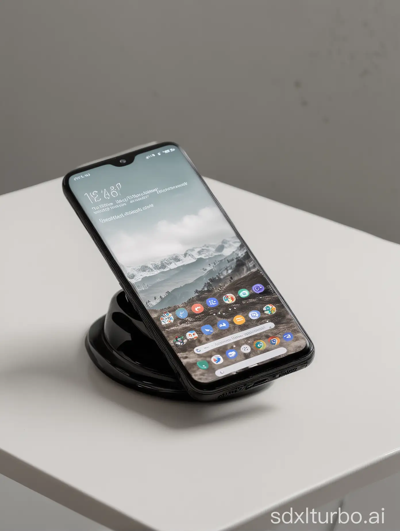 Luxurious-Black-Smartphone-with-Illuminated-Screen-on-White-Table