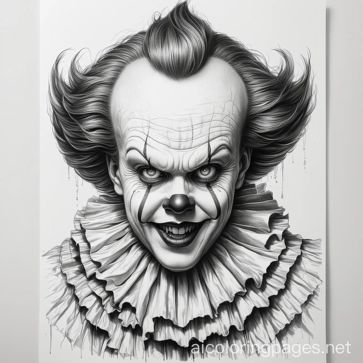 pennywise scary coloring page, Coloring Page, black and white, line art, white background, Simplicity, Ample White Space
