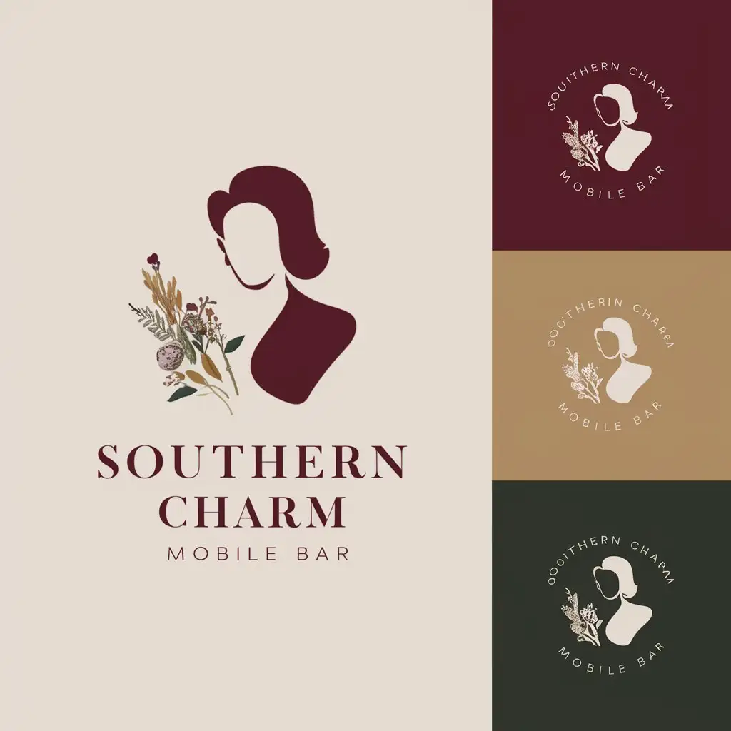 a logo design,with the text "Southern Charm Mobile Bar", main symbol:the owner of Southern Charm Mobile Bar, I'm in need of a logo that embodies the essence of my business. I want a design that combines a country vibe with a touch of class. The color scheme I envision is deep burgundy, soft gold, and beige. You can add hunter green or wood brown if needed. You can add some flowers like the picture below in the logo to add color instead of color in the letters.,Minimalistic,be used in bar industry,clear background