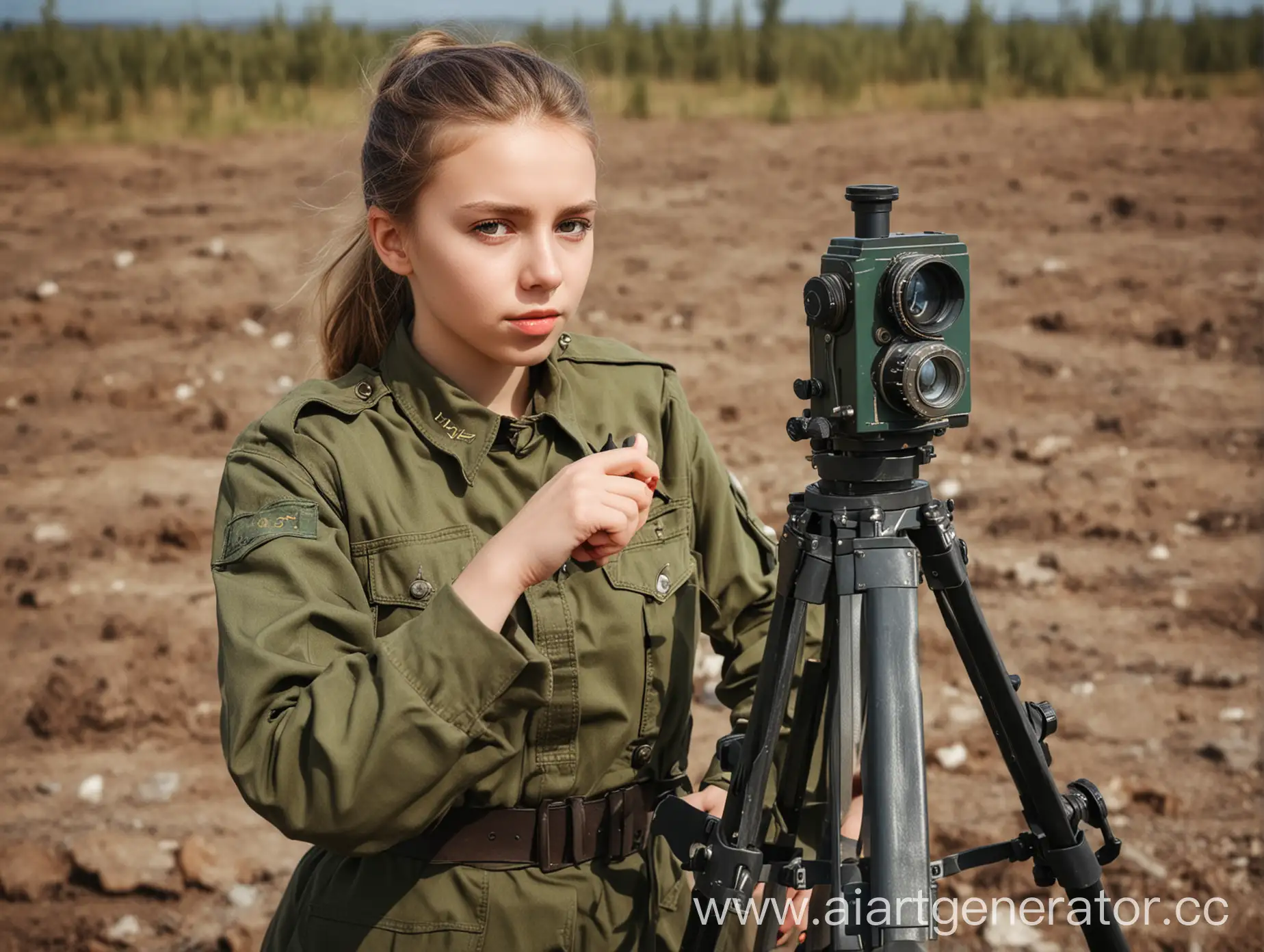 Девушка, в армейской форме, на поле боя, работает с теодолитом
