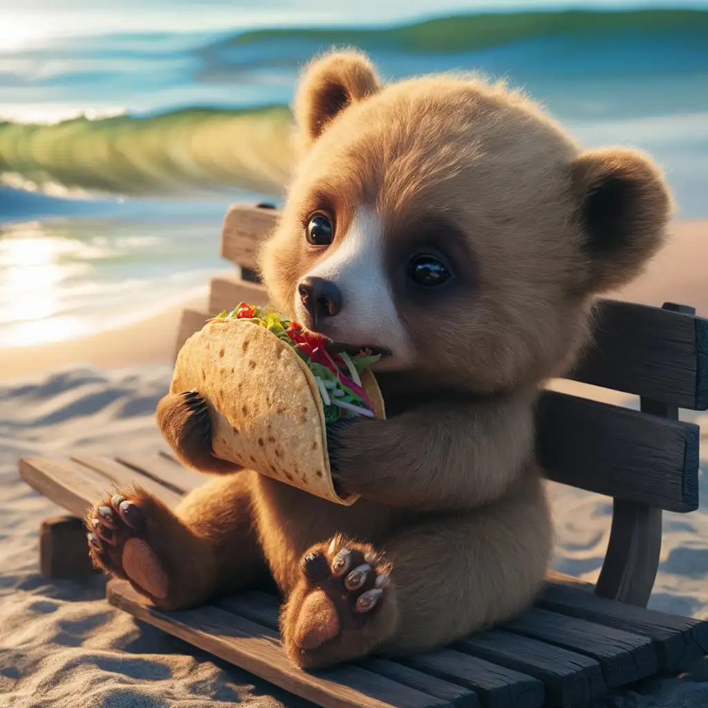 Little cute baby bear is eating a taco. He is sitting on a bench near the beach. Sunny day