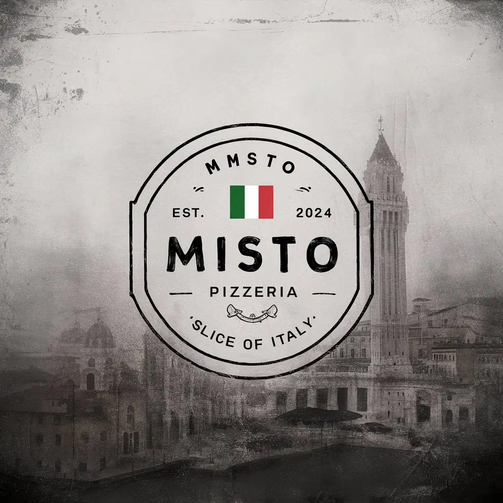 Misto Pizzeria, Minimalist, Emblem, Decorated , Italian colors , White Background, EST 2024 , Italy flag , Antique, Slogan Slice of Italy , Sketched Italian City, Ornament, Rustic, moody foggy atmosphere