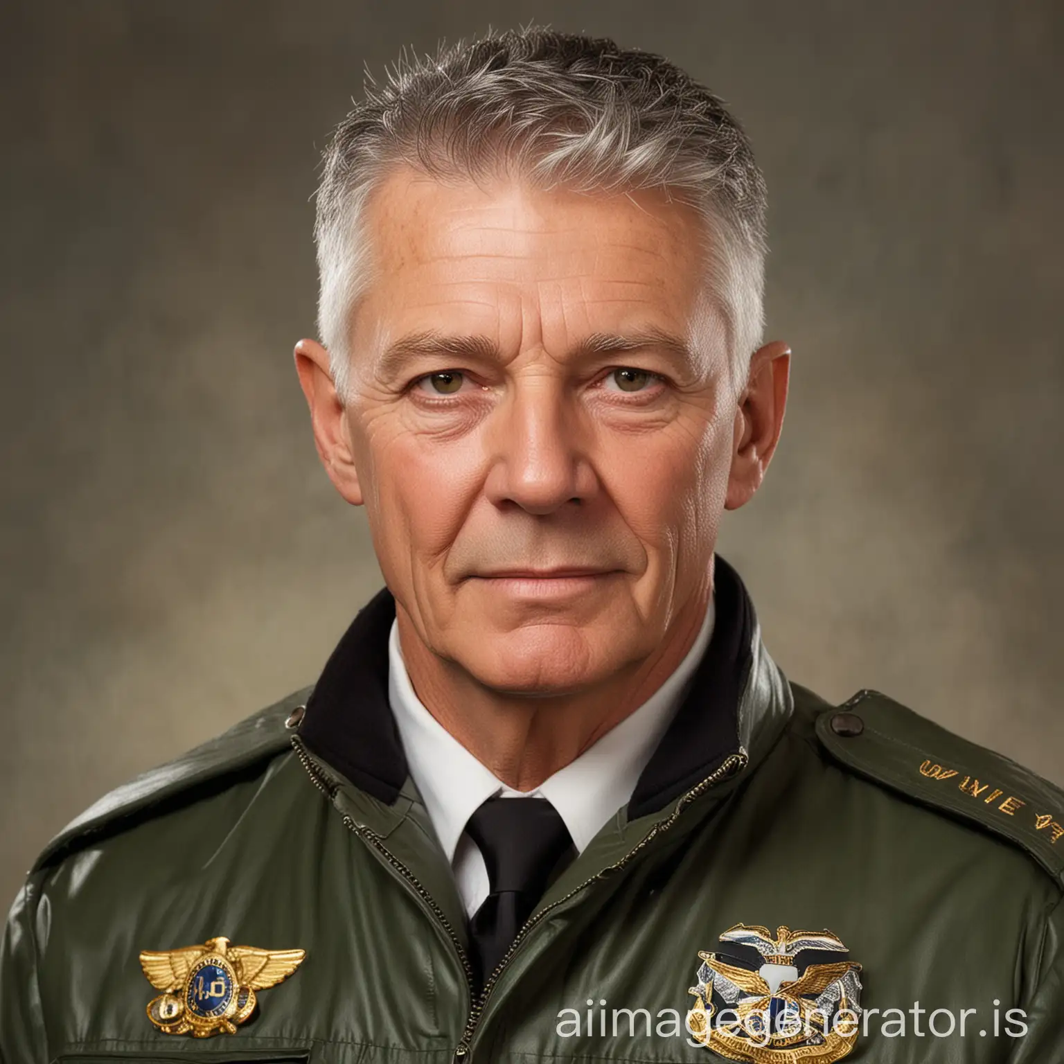 Very handsome and fit and attractive man in his 70's. He has a military hair cut, and is wearing a pilot uniform. He is also wearing a wedding ring. He has hazel eyes.