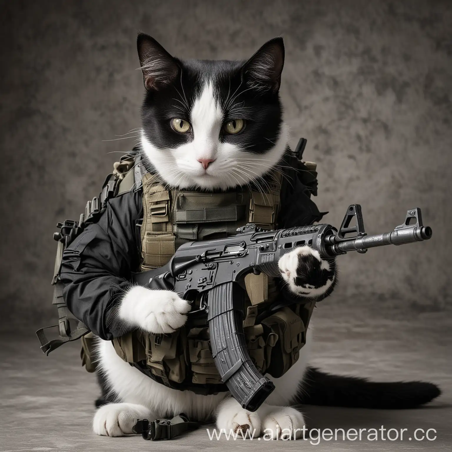 черно белый кот в снаряжении спецназа с ак47