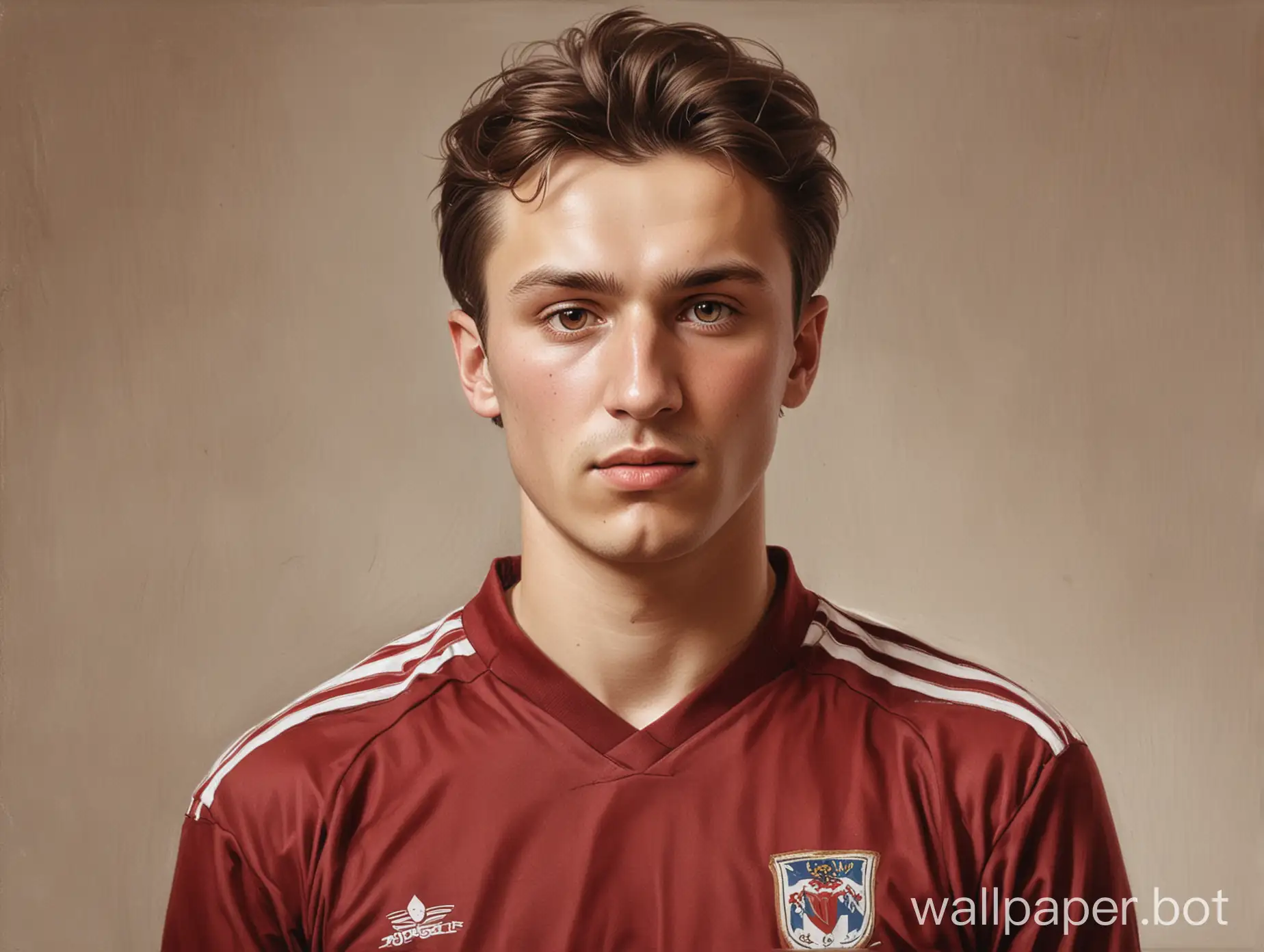sketch of Din Sokolov, 25 years old, 4 breast size, narrow waist, in dark red-brown soccer uniform, white background, masterpiece photo portrait