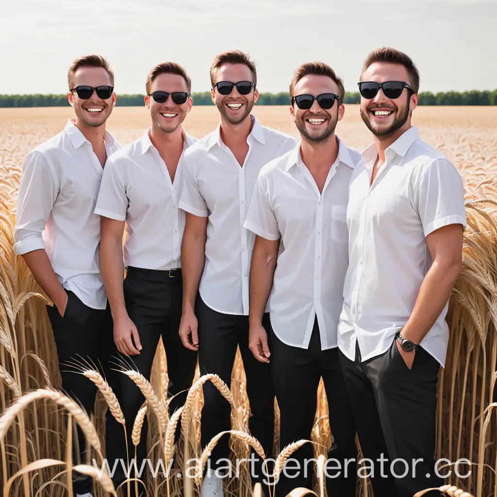 4 мужчины в белых рубашках, черных штанах, стоят в поле с зерном, улыбаются, черные очки на лицах 