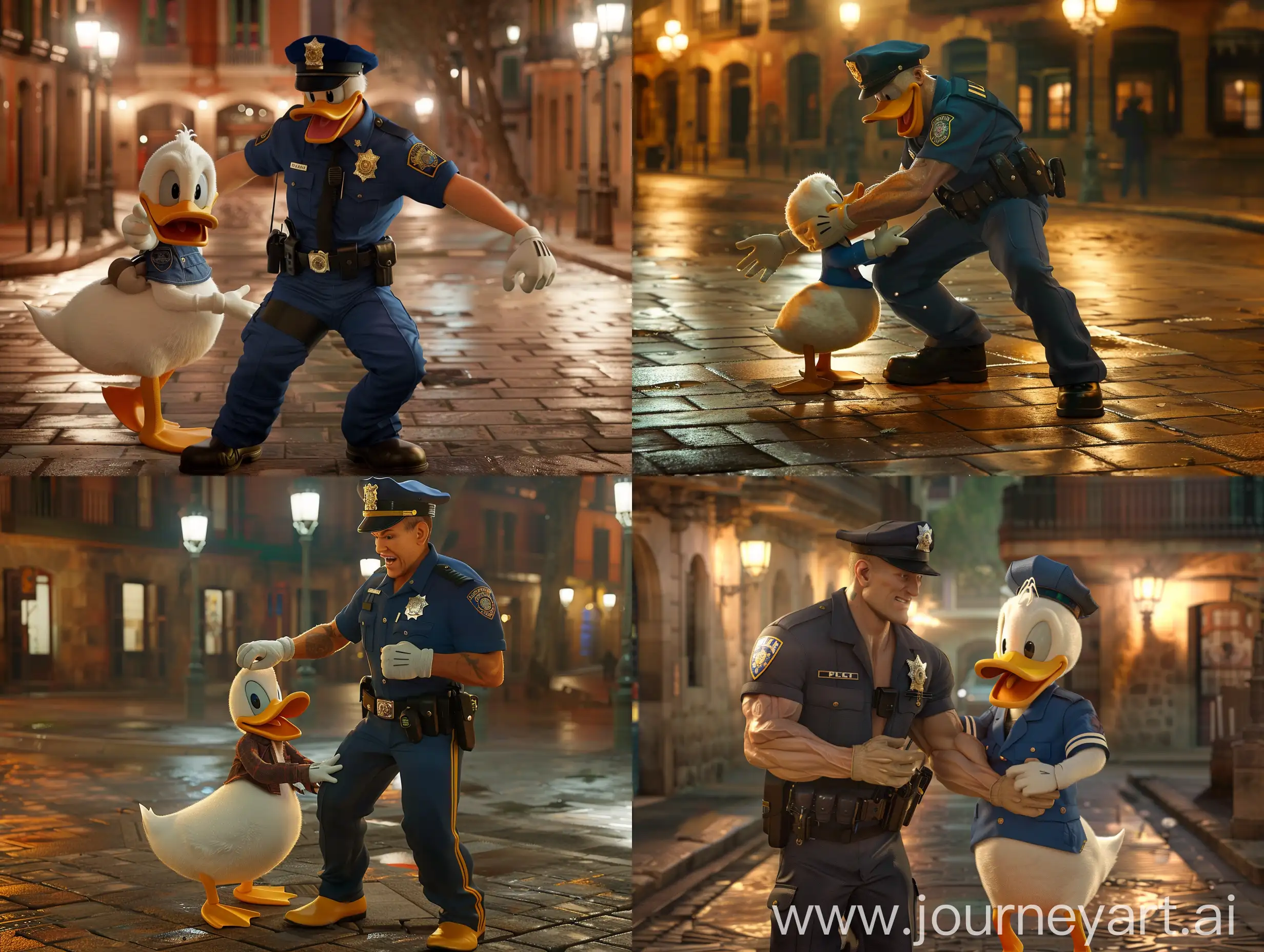 A muscular Policeman is detaining Donald Duck in Barcelona at dawn on a well-lit ancient square, ultrarealistic, cinematic