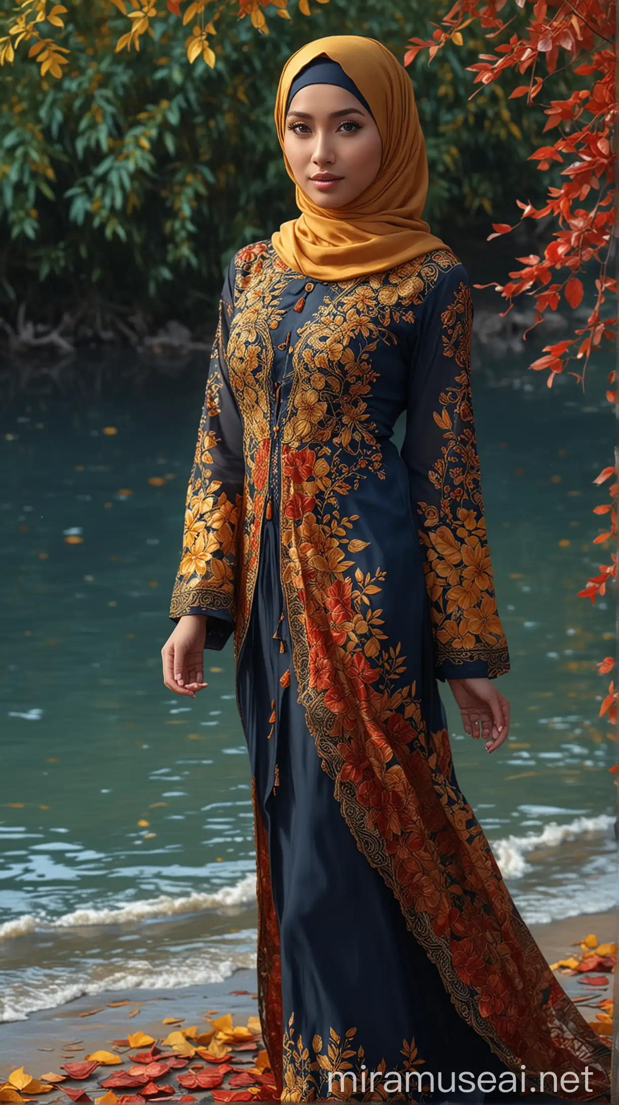 WITH BACK GROUND FULL OF  SPRING LEAF WITH CHROME YELLOW AND RED LEAVES professional photography it with soft lights during the evening), highly detailed, digital painting, art station, sharp focus, glowing eyes, wear fully hijab sea blue and  NAVY  loose kebaya, cover whole body, floral patten, wear heels, Enhance, dynamic shot
