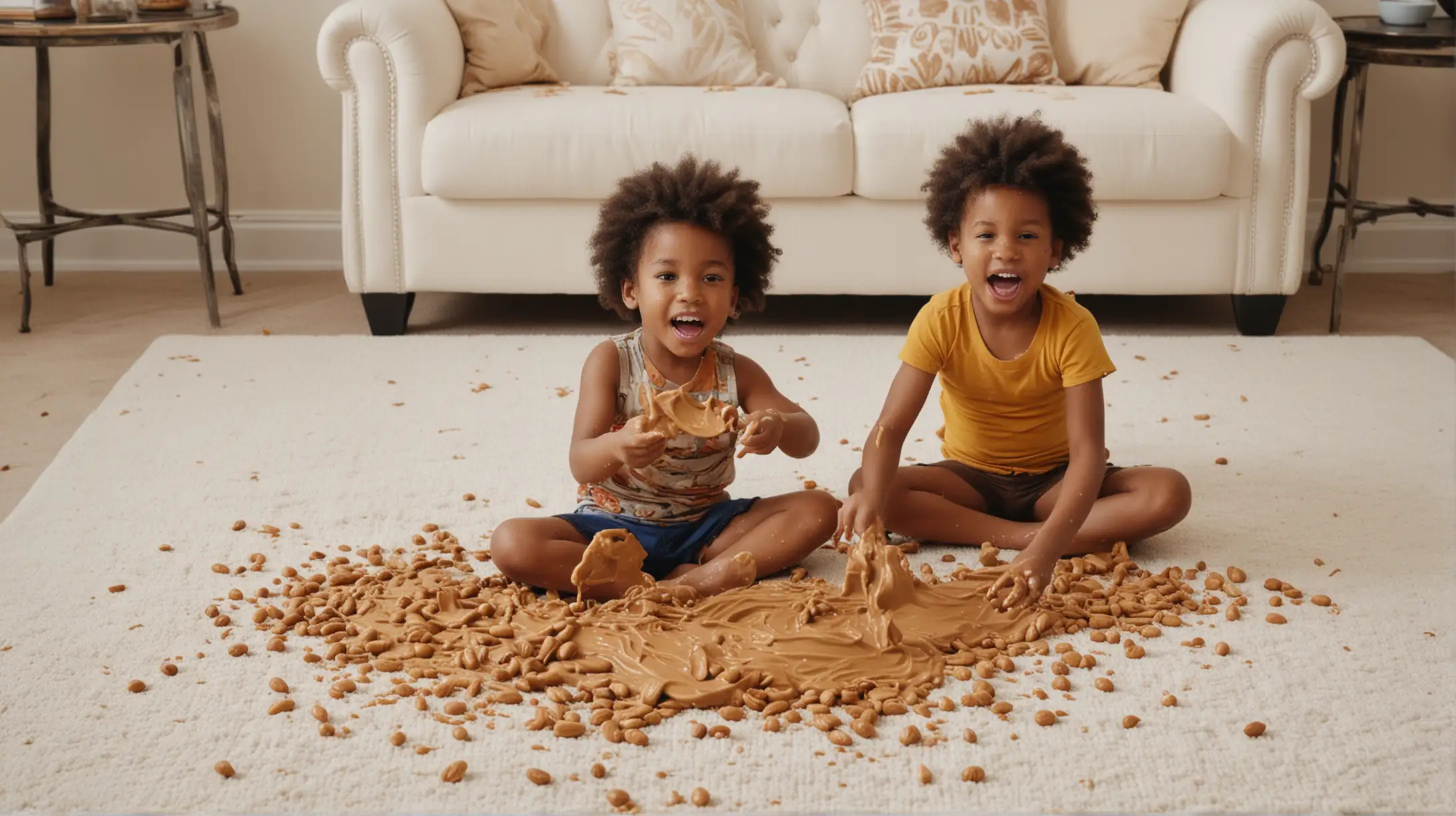 African American Kids Playing in Peanut Butter Messy Living Room Fun
