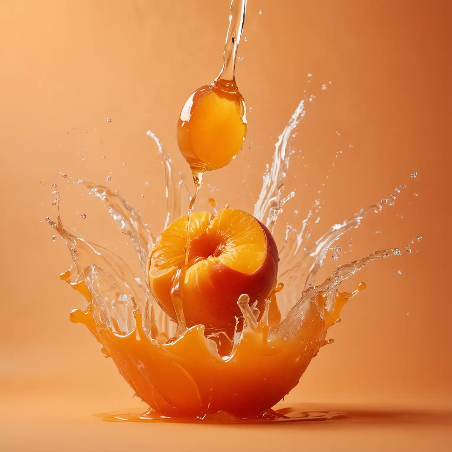 Vibrant-Peach-Honey-Splashes-Juicy-Water-Droplets-on-Down-Feathers-with-Orange-Background