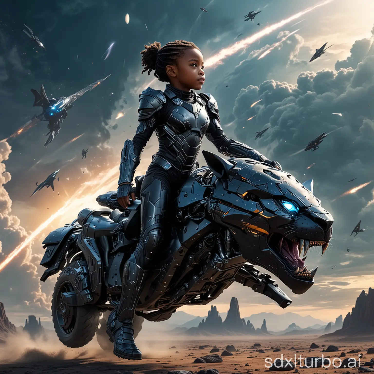 The little girl is wearing a futuristic armor and riding a futuristic mechanical black panther, holding a futuristic weapon. On the vast universe planet, the panther rises into the air, with movie lighting effects and panoramic shots