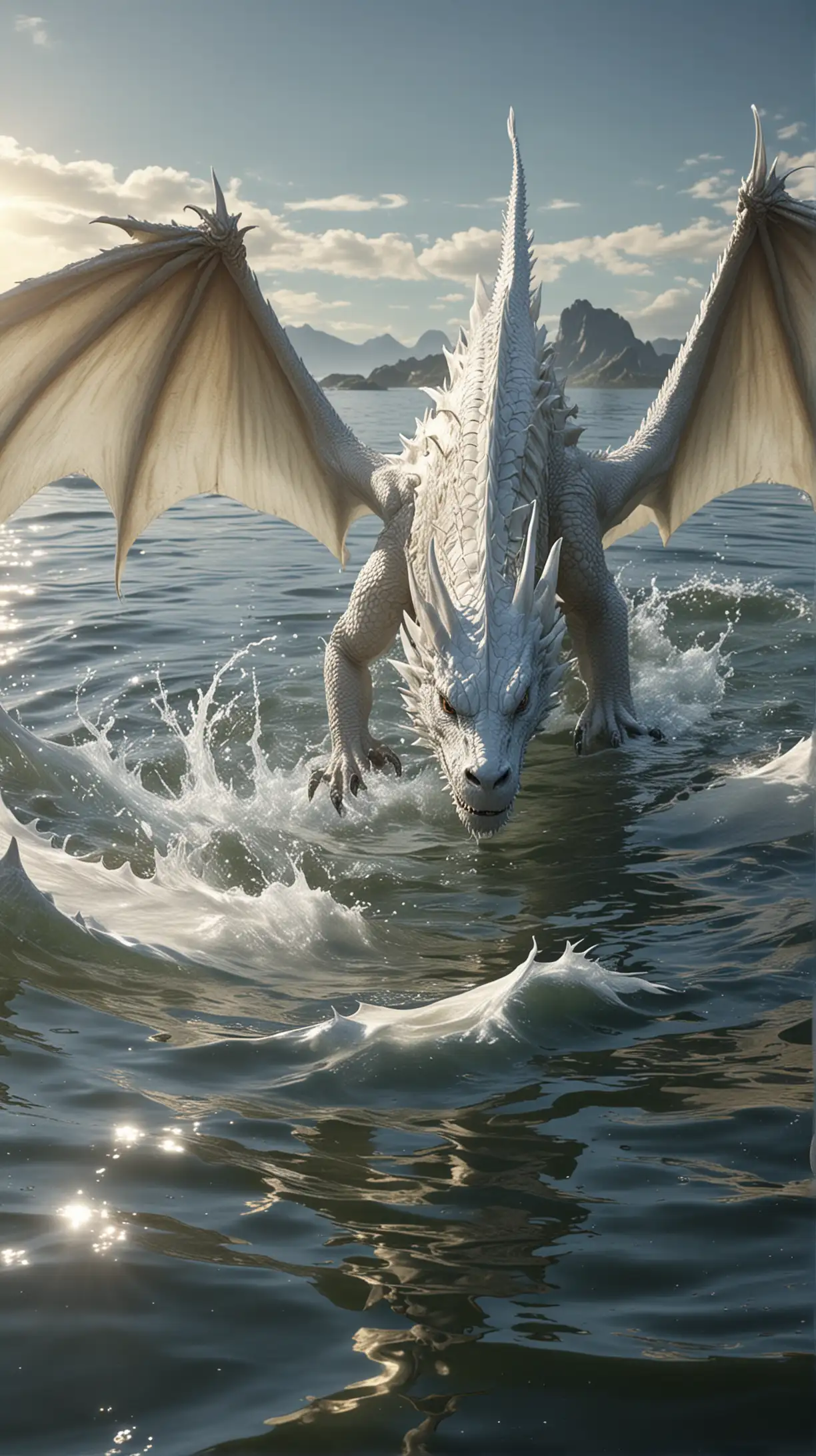 Un grand dragon blanc, dans l'eau, captivant, au zenith du soleil, hyperréaliste de haute qualité, 8K Ultra HD.