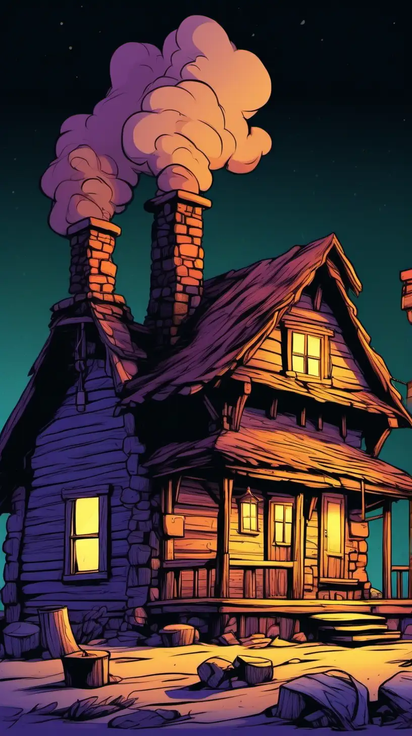 Cartoony color. An old westen  cottage from the side at night with smoke coming from the chimeny.
