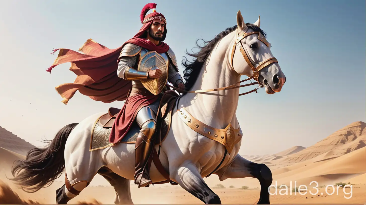 An ancient Arabic warrior wearing a fantasy and magnificent full shield and riding a horse standing in pride and eager steady for the battlefield.