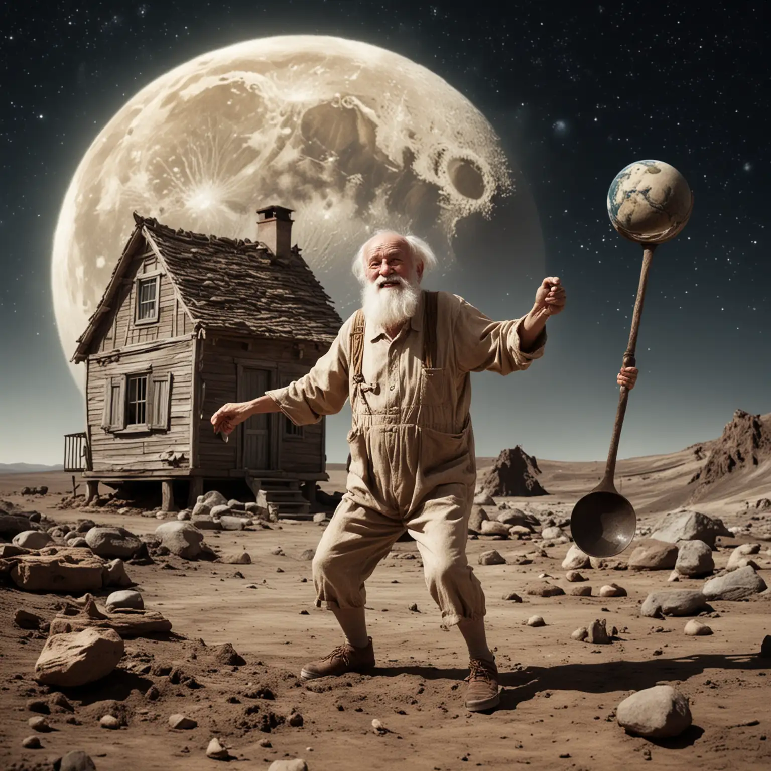 Elderly Man Dancing with Ladle in Hand on Moon Overlooking Earth