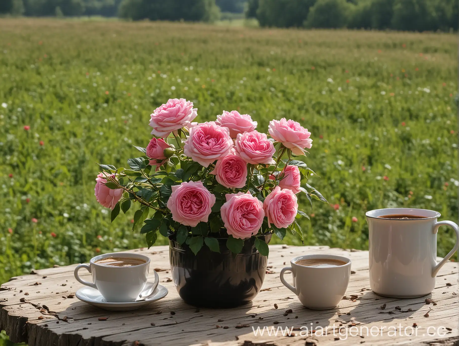 Роза в горшке на столе с чашкой кофе на фоне поля