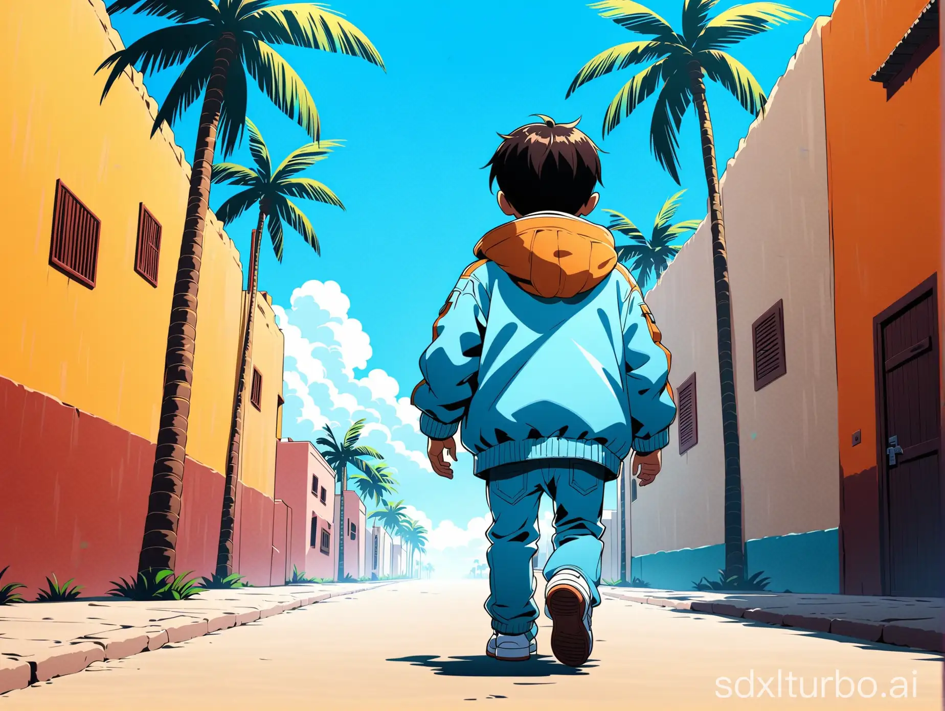 Angry-Child-Walking-Along-Winter-Street-with-Sky-and-Palm-Tree-Background